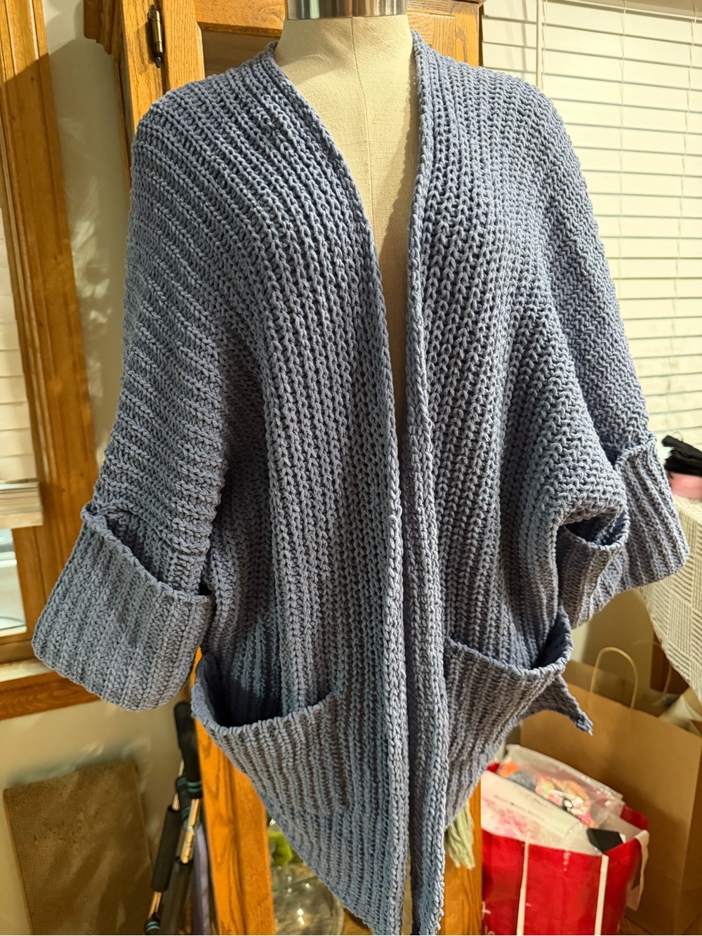 POL Open-Front Chunky Knit Cardigan in Dusty Blue